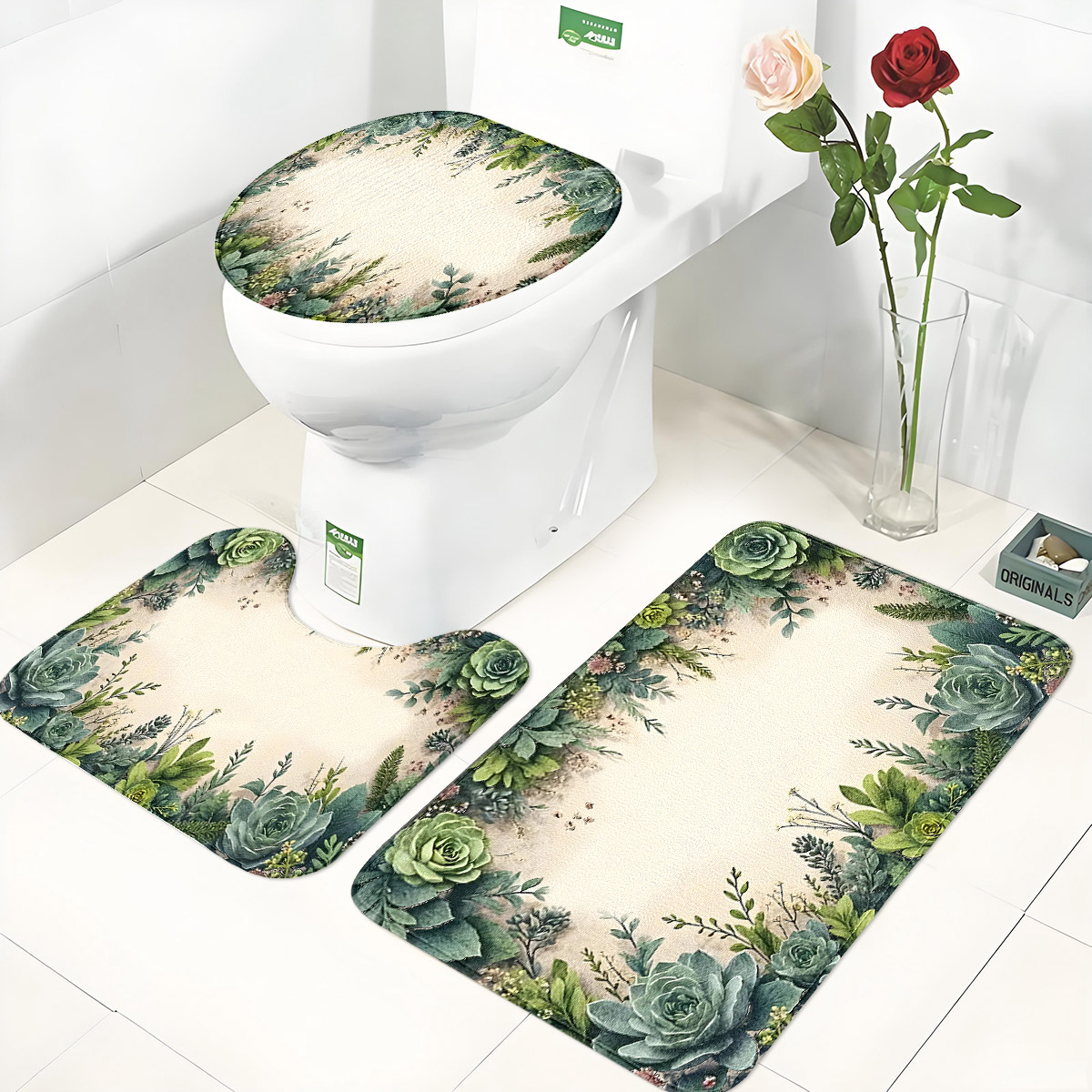 Zara Home Bathroom Rug - Retro Succulent Bathroom Three-Piece Set: Flannel