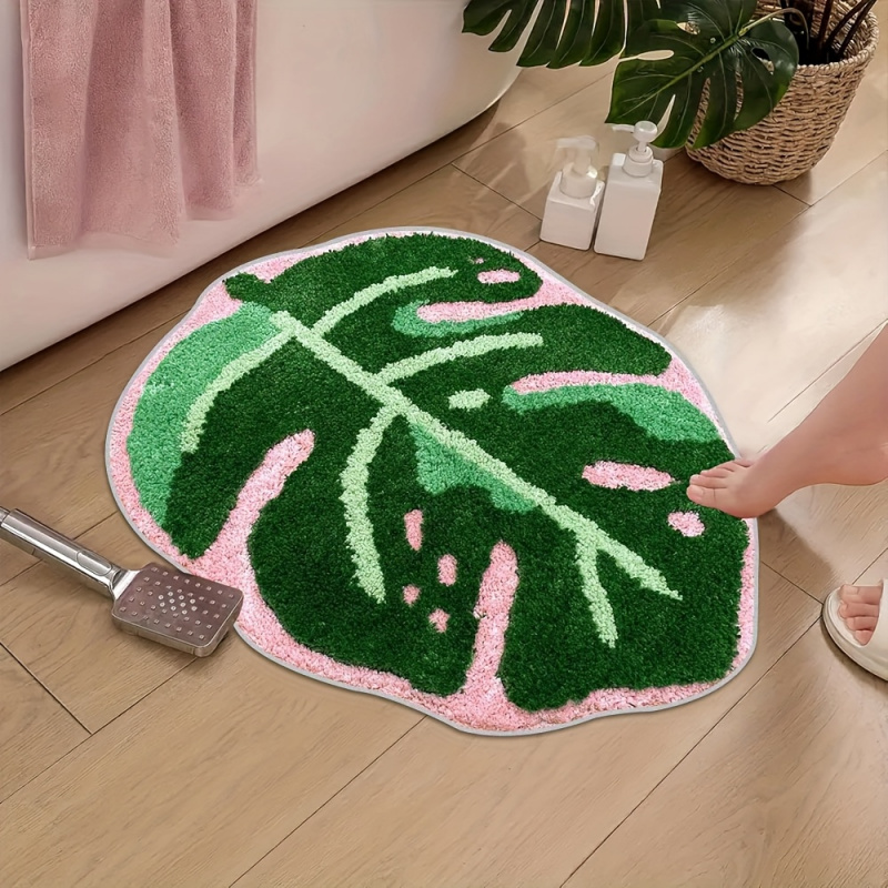 Zara Home Bathroom Rug - VIKAMA Pink Tropical Leaf Plush Carpet