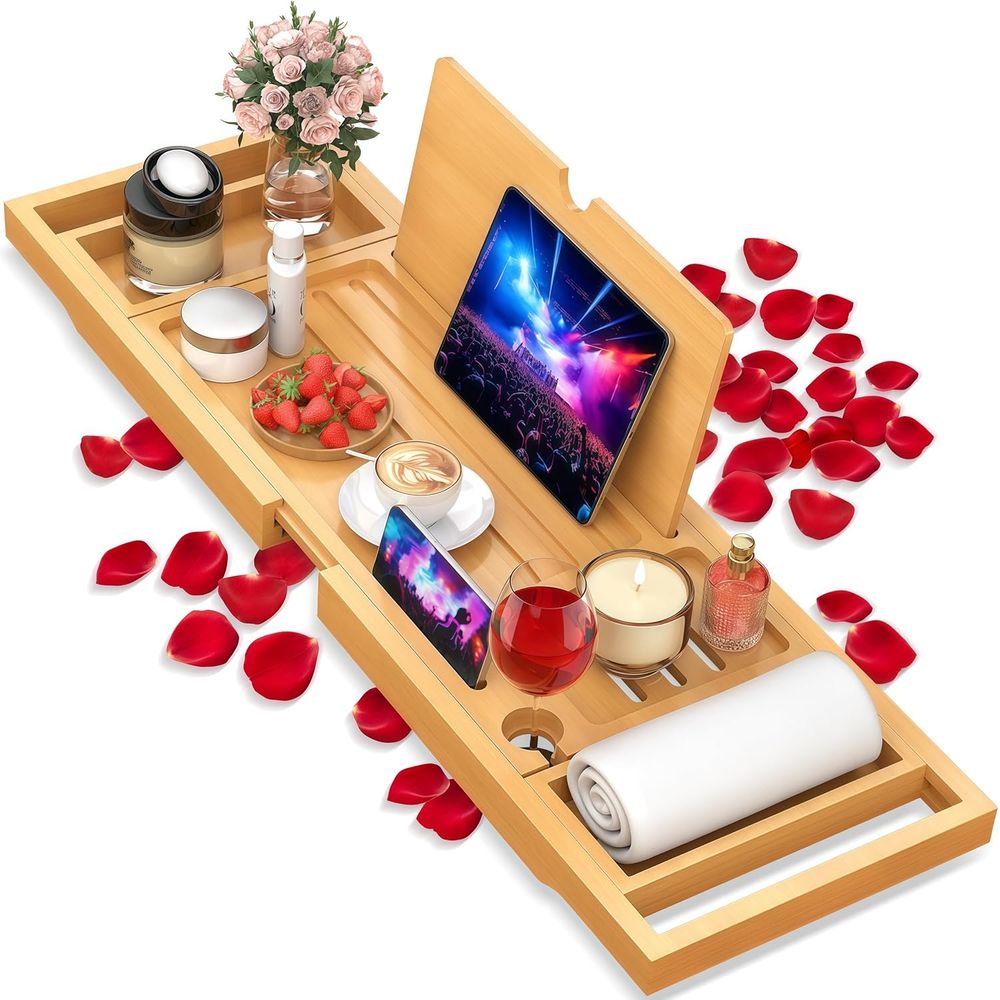 Elegant Bamboo Bath Caddy with - Bath Caddy Tray recension och pris