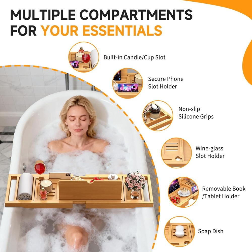 Elegant Bamboo Bath Caddy with - Bath Caddy Tray recension och pris